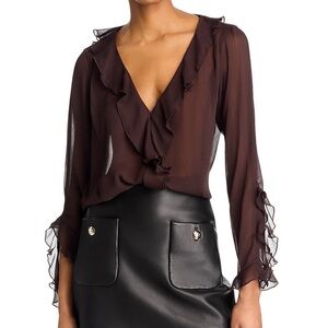 Lucy Paris Ruffle V-neck Top Brown XS